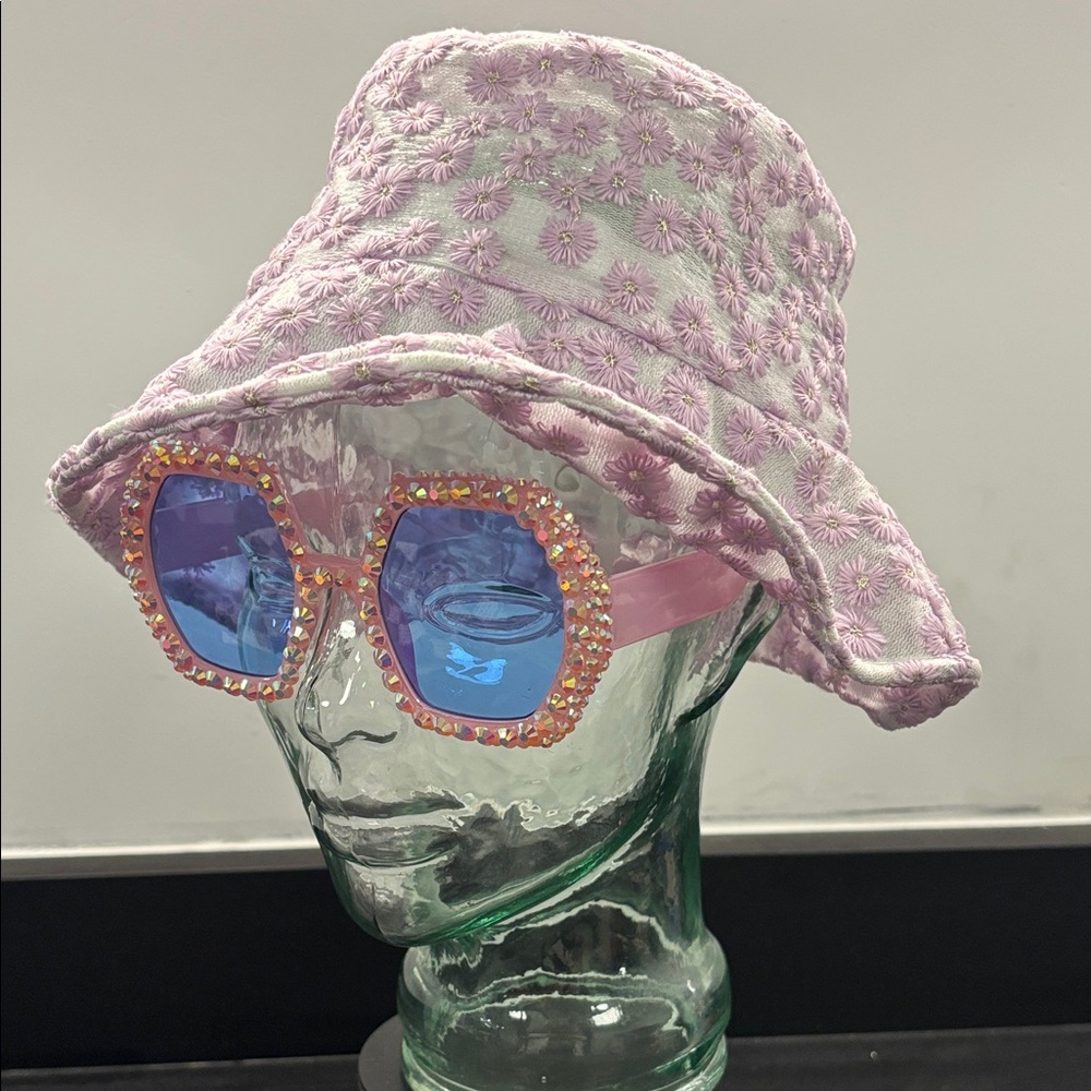 Lavender Floral Bucket Hat with Blue lenses Rhinestone Sunglasses